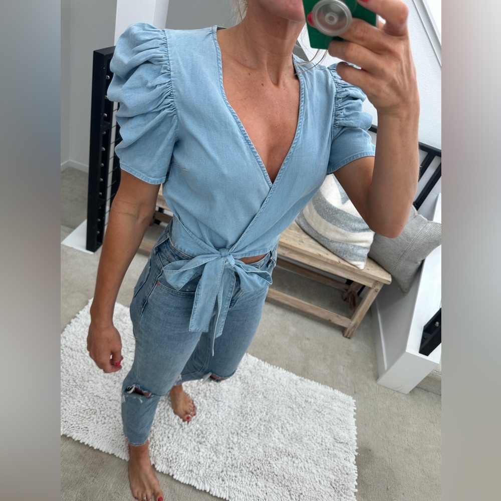 Bar III Blue Denim Puff Sleeve Wrap Crop Top | NWT Size S - Picture 5 of 12